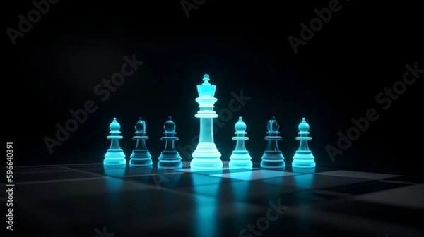 Fototapeta A futuristic AI-driven concept, with holographic chess pieces in a dark scene, representing optimal strategy, artificial intelligence, and the blending of human and machine. Generative AI