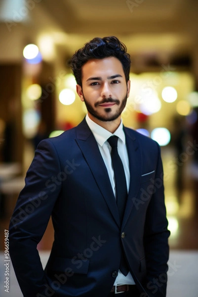 Fototapeta Suave 28-year-old politician exudes confidence in his tailored suit, poised to conquer the world with his charisma and strategic mind. A man on a mission. Generative AI