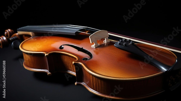 Fototapeta Classic violin and bow on black background, generative ai