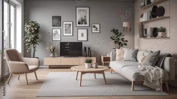 Fototapeta Modern scandinavian style living room, with a minimalist theme and neutral color palette. Generative AI
