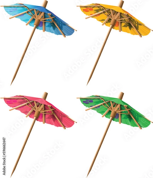 Fototapeta Set of four cocktail umbrellas in different colors. Highly realistic illustration.