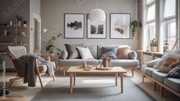 Obraz Modern scandinavian style living room, with a minimalist theme and neutral color palette. Generative AI