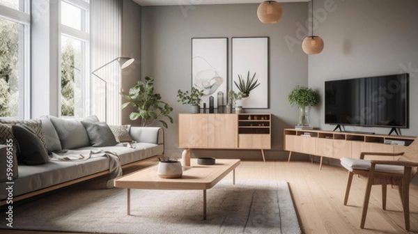 Obraz Modern scandinavian style living room, with a minimalist theme and neutral color palette. Generative AI