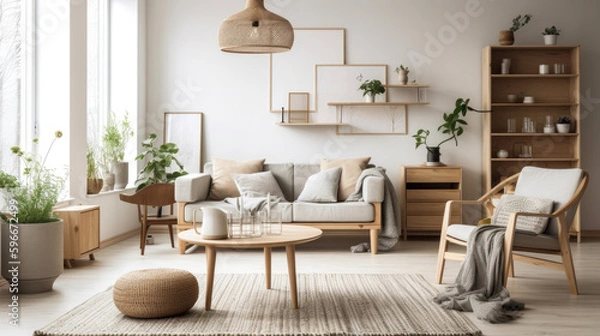 Fototapeta Modern scandinavian style living room, with a minimalist theme and neutral color palette. Generative AI