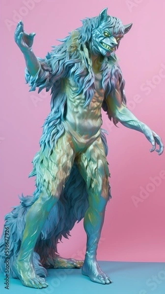 Fototapeta Pastel colored Werewolf on a pink background. Glossy shiny fashion mythical creature wallpaper. Dreamy creative vibe aesthetics. Generative AI.