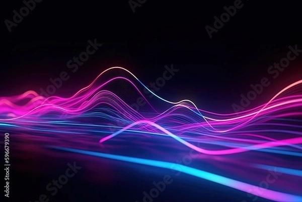 Fototapeta abstract futuristic background with pink blue glowing neon moving high speed wave lines and bokeh lights. Data transfer concept Fantastic wallpaper, Ai Generative