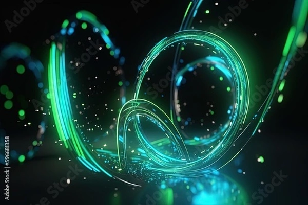 Fototapeta abstract futuristic background with green blue glowing neon moving high speed wave lines and bokeh lights. Data transfer concept Fantastic wallpaper, Ai Generative