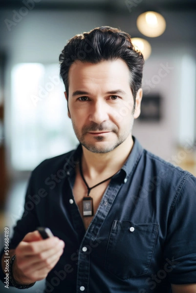 Fototapeta Determined 35-year-old journalist immersed in work at his office, capturing the essence of his passion for unearthing stories and reporting the truth. Generative AI