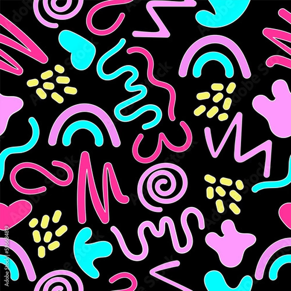 Fototapeta 90s doodle seamless pattern with simple shapes on a black background. 