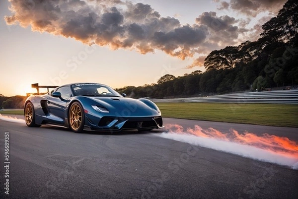 Fototapeta Sport car on the race track during sunset. Action shot 