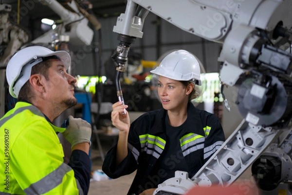 Fototapeta Engineer work at robotic arm factory.