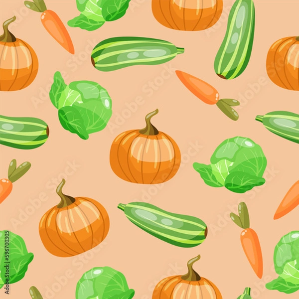 Fototapeta Seamless pattern on beige background with zzucchini, pumpkin and cabbage. Colourful handdrawn vector background.