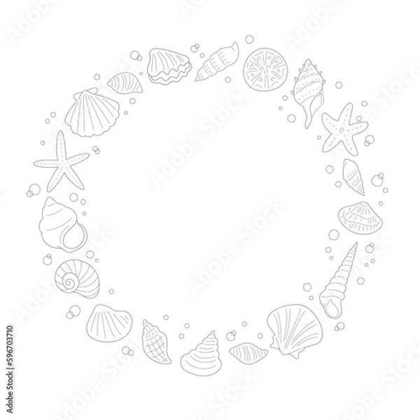 Fototapeta 貝がらやヒトデの手書き線画ベクター丸フレーム／単色／テキストあり