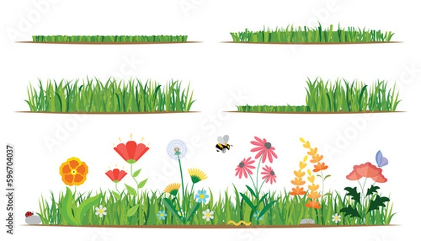 Obraz Flower and grass flat icon set and illustration. Various colorful garden and field flowers and mowed and unmowed grass.