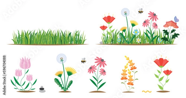 Obraz Flower and grass flat icon set isolated on white. Various colorful garden flowers and field flowers.