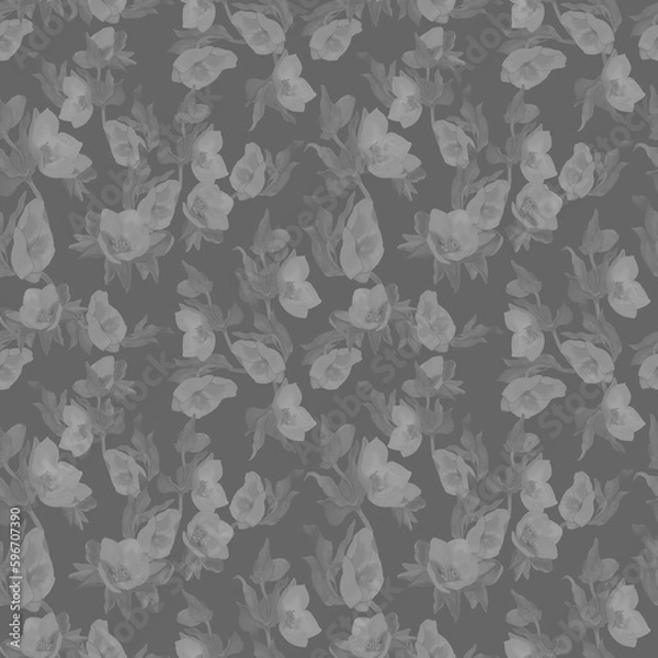 Fototapeta Monochrome seamless pattern with flower garland silhouette. Gray blossoms on gray background. Floral ornament. Design for textile print, decore, packaging, wrapping paper, covers. 