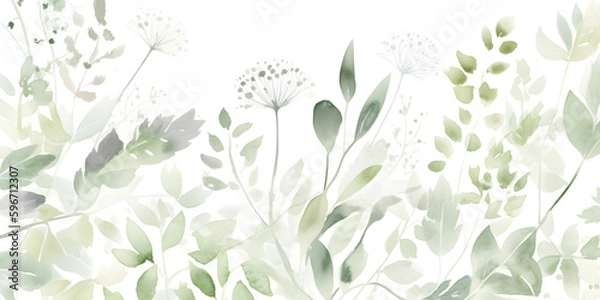 Fototapeta Delicate watercolor botanical digital paper floral background in soft basic pastel green tones. Neutral elegant pattern of green watercolor leaves on white paper.