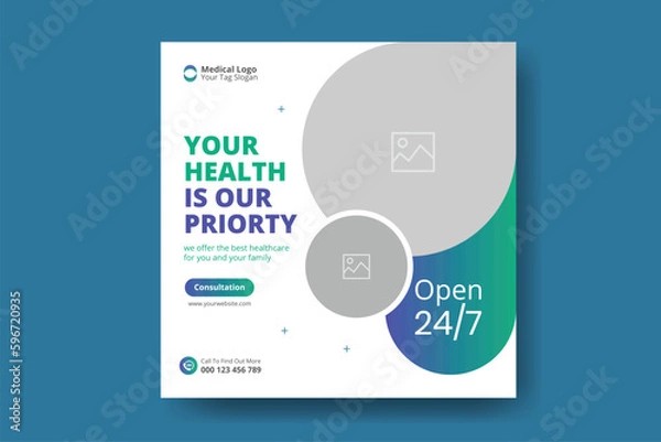 Fototapeta Medical social media post template. Modern banner design with blue color ribbon decoration and place for the photo. Suitable for social media, websites, flyers, and banners.