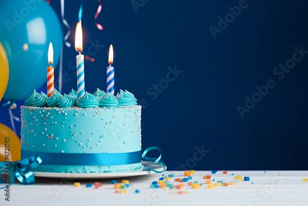 Fototapeta A blue birthday cake with candles on it, copy space generative ai