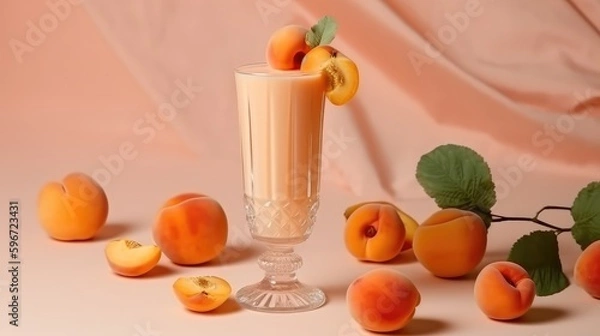 Obraz Apricot milkshake in a mug on the table with apricots. Summer delicious drink on a orange background. AI generated