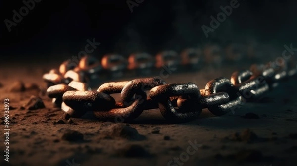 Fototapeta Iron chain on the ground, close-up. AI generated