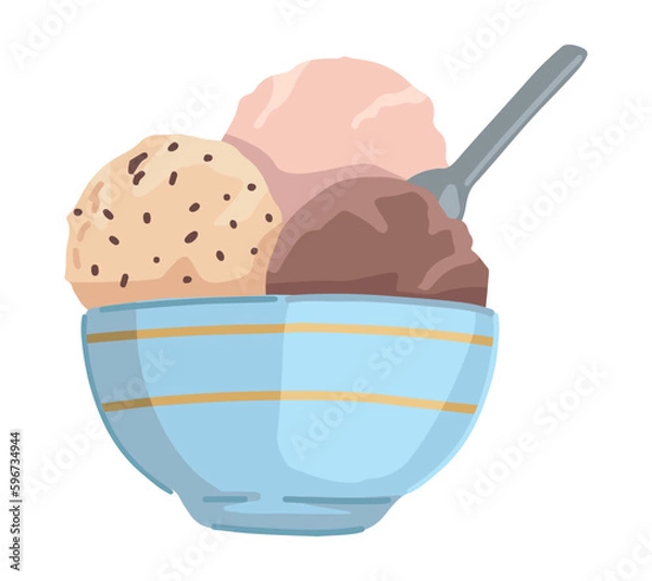 Fototapeta Ice cream balls in bowl clipart. Doodle of summer sweet food isolated on white. Colored vector illustration in cartoon style.