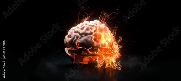 Fototapeta A 3D model of a brain was burning on fire, with flames and sparks in the air, against a black background. generative AI.