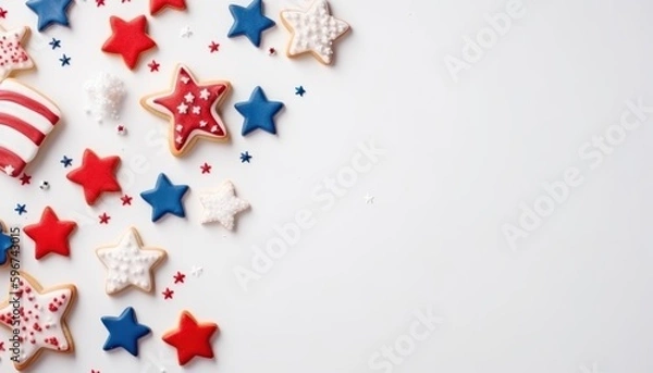 Fototapeta 4th of July American Independence Day. Happy Independence Day. Red, blue and white star confetti, paper decorations on white background. Flat lay, top view, copy space