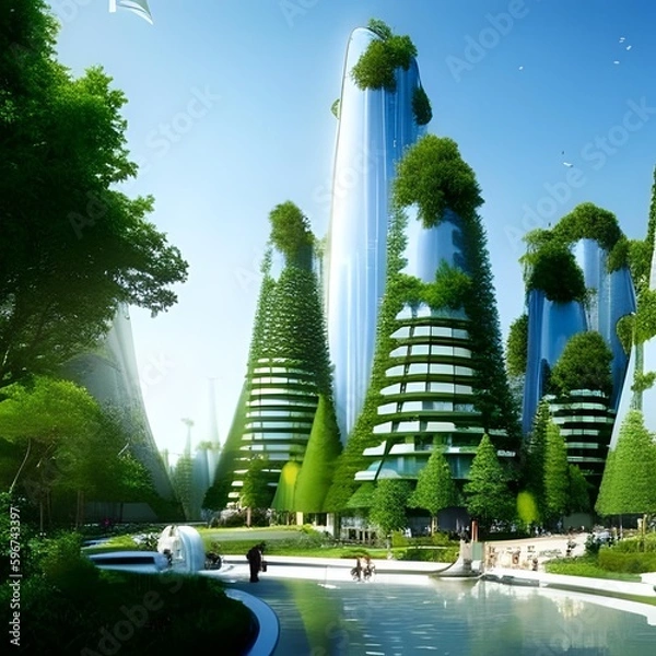 Fototapeta Eco-friendly city of the future created with Generative AI Tecnology