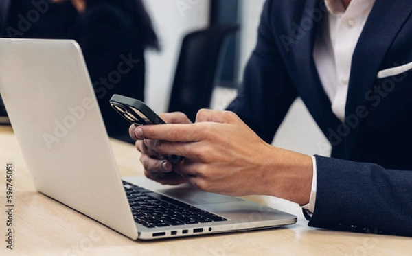 Obraz Business people using smart phone or computer for Chat GPT Chat with AI or Artificial Intelligence. Chat GPT, artificial intelligence Ai Chat GPT, AI technology to assist humans work. 