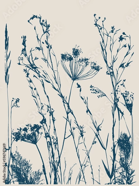 Fototapeta Nature Pattern. Organic Texture. Flower Ornament. Fabric and Textile Print. Herbs Stamp Indigo Blue. Ink Drawing Overprint.