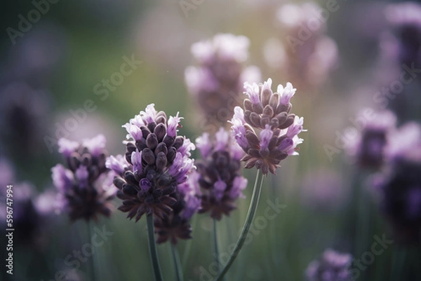 Fototapeta Lavender blooming in the fields closeup. Generative AI