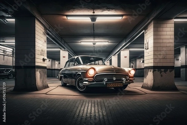 Fototapeta vintage car parked in an underground parking lot with modern and sleek surroundings, created with generative ai
