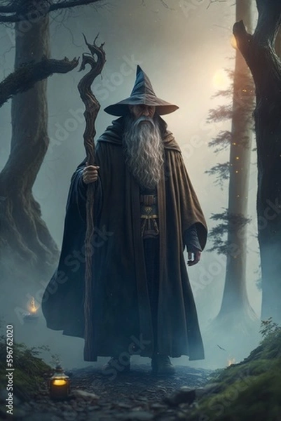 Obraz Old wizard in magic forest, Generated AI