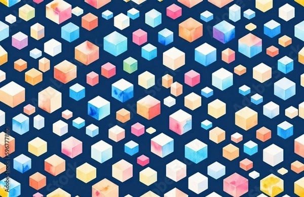 Fototapeta watercolour style, watercolor, seamless, geometric pattern cube, square, design, prints, wallpaper, texture, generative ai, generative, ai