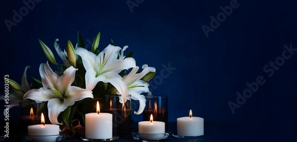 Fototapeta Mourning flowers white lilies and candles on a dark background in the form of a bouquet for condolences, generated by ai