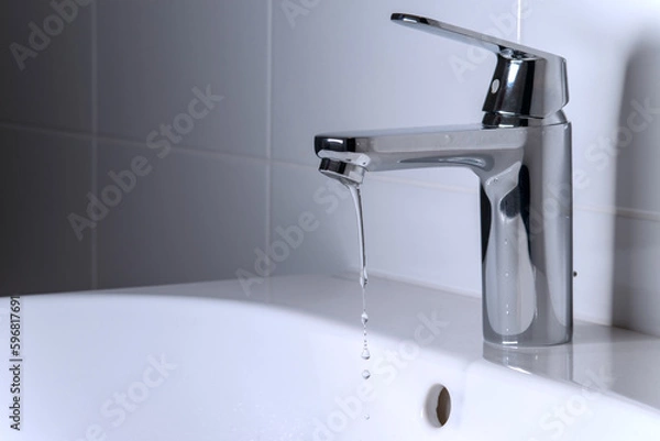 Fototapeta A stream of clean water pours from the tap into the sink. Selective focus.