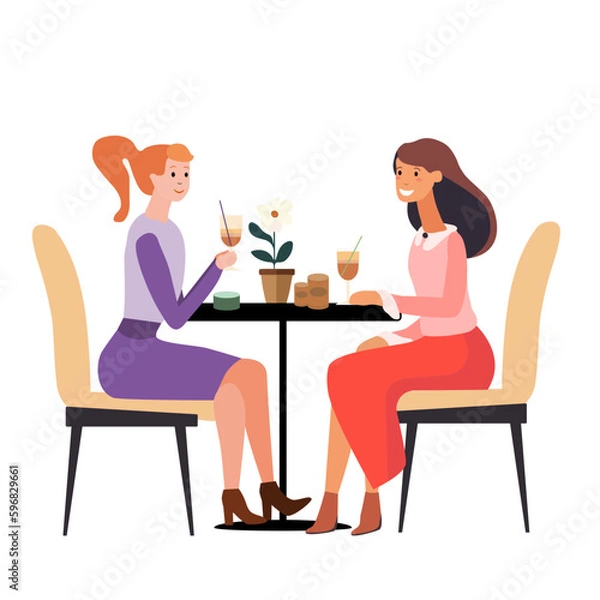 Fototapeta Two women talking in cafe, sitting at table, drinking coffee and talking, vector illustration
