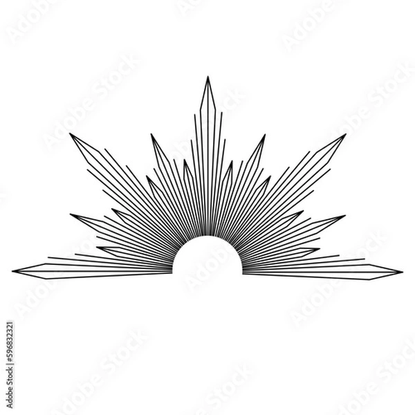 Fototapeta Hand drawn mystical Sun in line art. Sunburst, light rays, spiritual symbol celestial space. Magic talisman, antique style, boho, tattoo, emblem, logo. Vector illustration isolated on white background