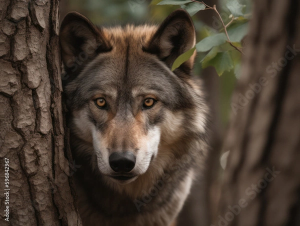 Fototapeta Majestic Wolf Hiding Behind Tree in Dense Forest