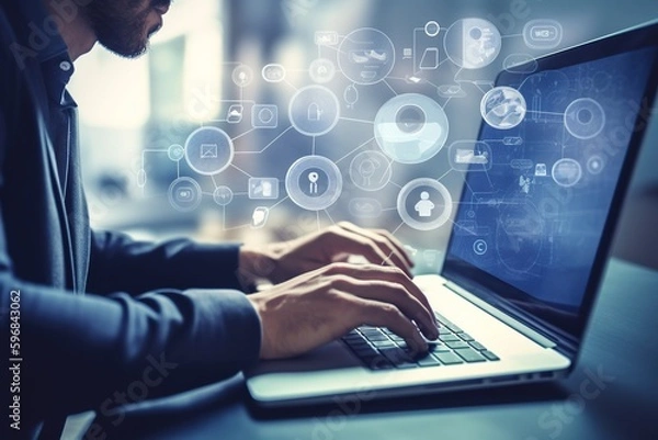 Fototapeta businessman typing on a laptop. Generative AI