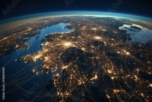 Fototapeta earth and network of internet satellite for telecom,globe data cloud storage of 5g, global networking of social data communication business. Generative AI