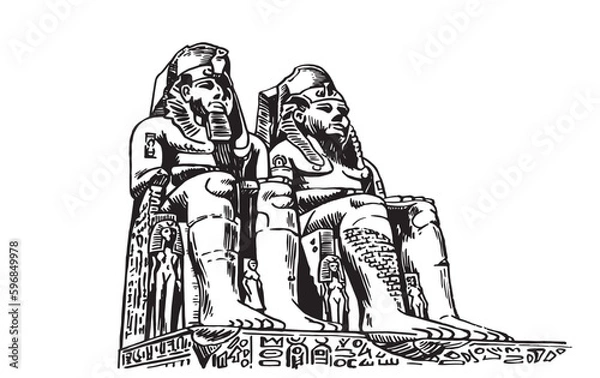 Obraz Abu Simbel,graphical vector illustration of two massive rock-cut temples. The statue of Ramses the Great at the Great Temple of Abu Simbel isolated on white background. Sightseeing of Egypt