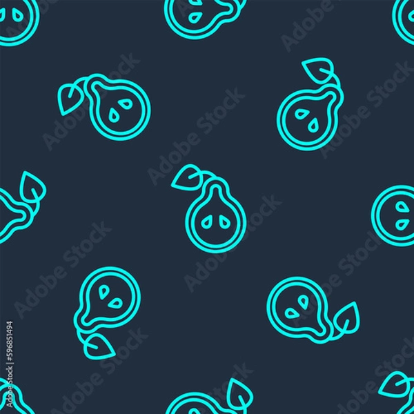 Fototapeta Green line Pear icon isolated seamless pattern on blue background. Fruit with leaf symbol. Vector