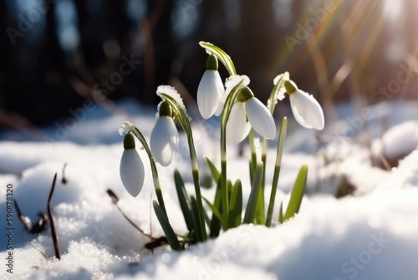 Fototapeta The first spring flowers snowdrops on the snow in nature in the rays of sunlight close-up macro