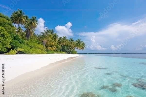 Fototapeta Tropical island with clear sea lapping at a white sandy beach - Generative AI