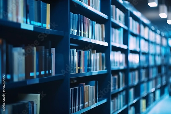 Obraz Blur image of picture library blue background. bookshelves in the closet in even rows. file cabinet. ai generative