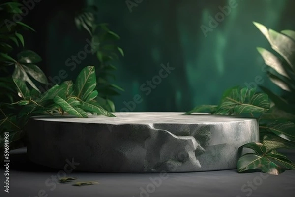 Obraz Empty grey marble podium for product mock-up display with green leaf background - generative ai