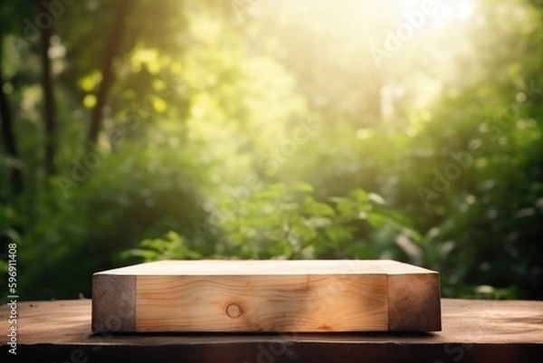 Fototapeta Empty square podium with woodgrain for product display. Outdoor dappled sunlit forest setting for natural, organic, spa, aroma, health, care, cosmetic, beauty background - Generative AI