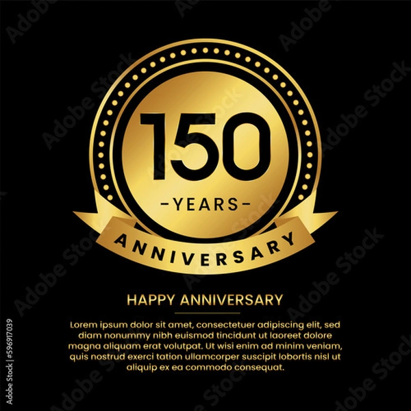 Fototapeta 150 years anniversary banner with luxurious golden circles and halftone on a black background and replaceable text speech